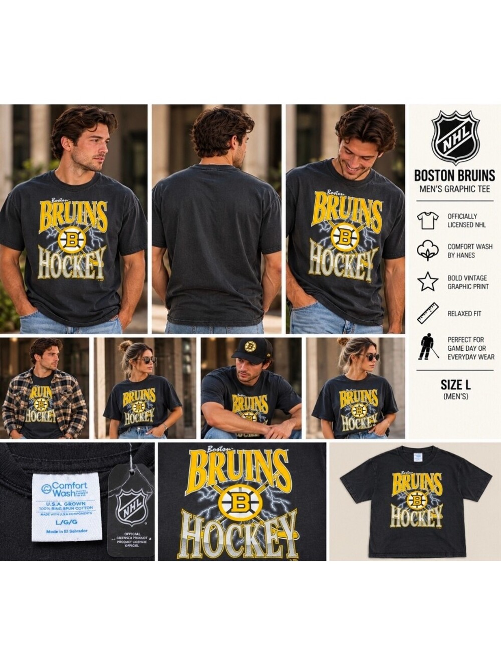 Boston Bruins NHL Hockey Graphic T Shirt Mens Large Black Lightning NWT